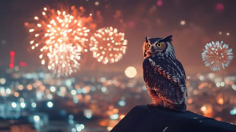 Sowa na dachu budynku z fajerwerkami w tle
