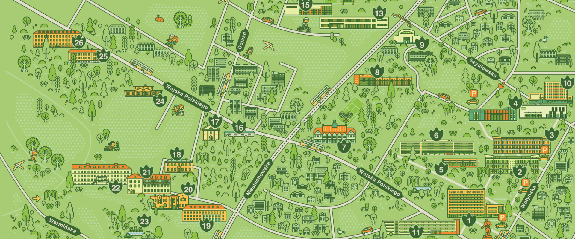 graficzna ilustracja mapy kampusu głównego UPP i okolic