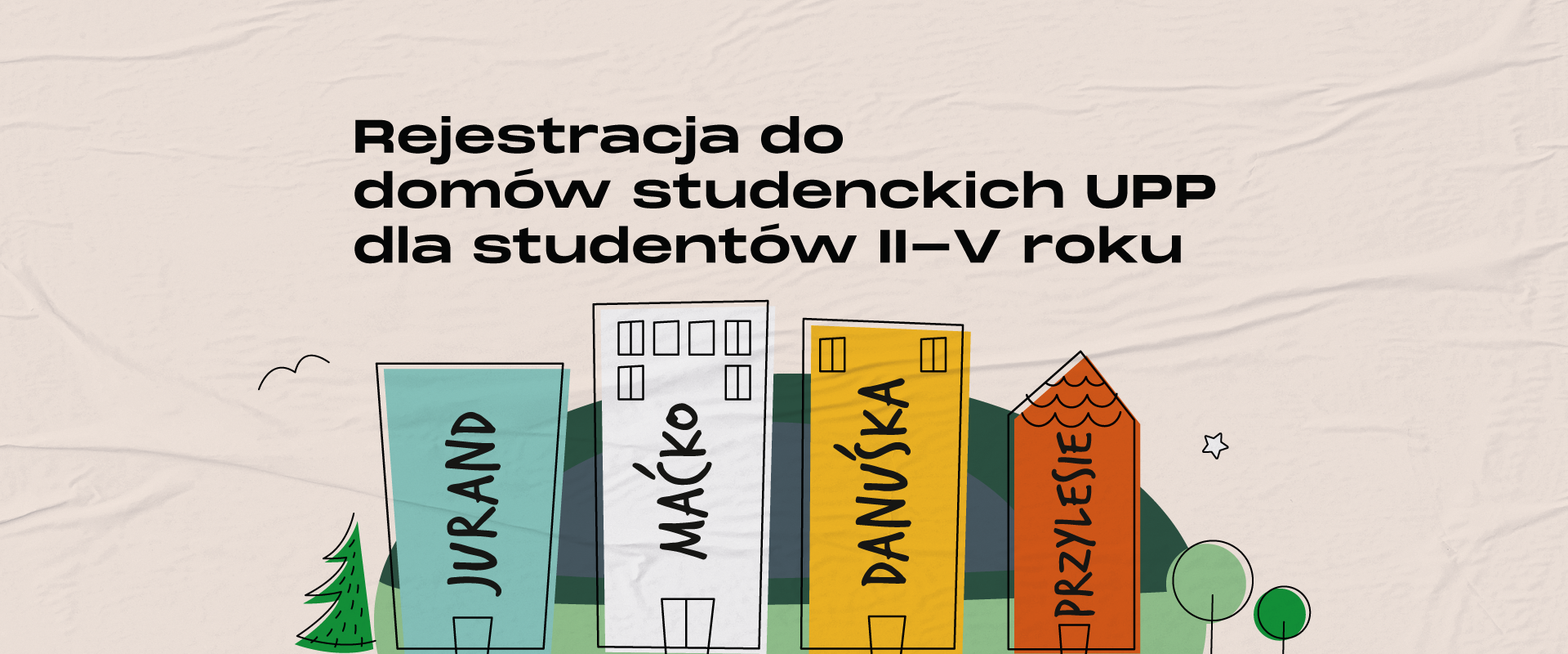 Grafiki przedstawiające budynki z nazwami akademików