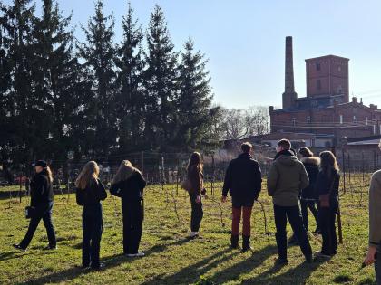 Grupa ludzi stoi na koło winorośli, są otoczeni zielenią