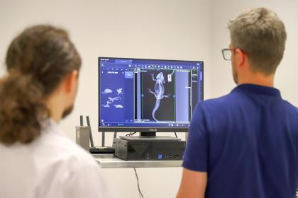 Dwaj mężczyźni patrzą na ekran komputera z obrazem płaza