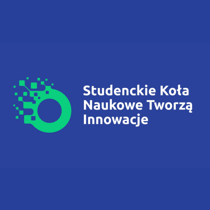 Logo z napisem studenckie koła naukowe tworzą innowacje na niebieskim tle
