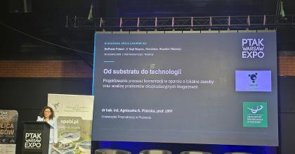 ekran z grafiką, kobieta podczas przemówienia